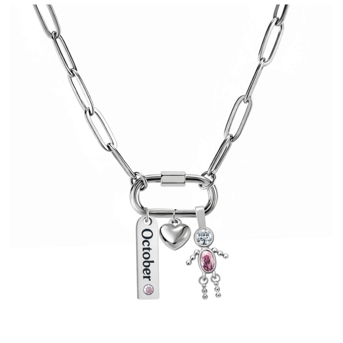 CarabinerFamilyBirthstoneNecklaceforMomorGrandmabyGingerLyneStainlessSteelCZBirthdayCharms_Male-October-Silver-1