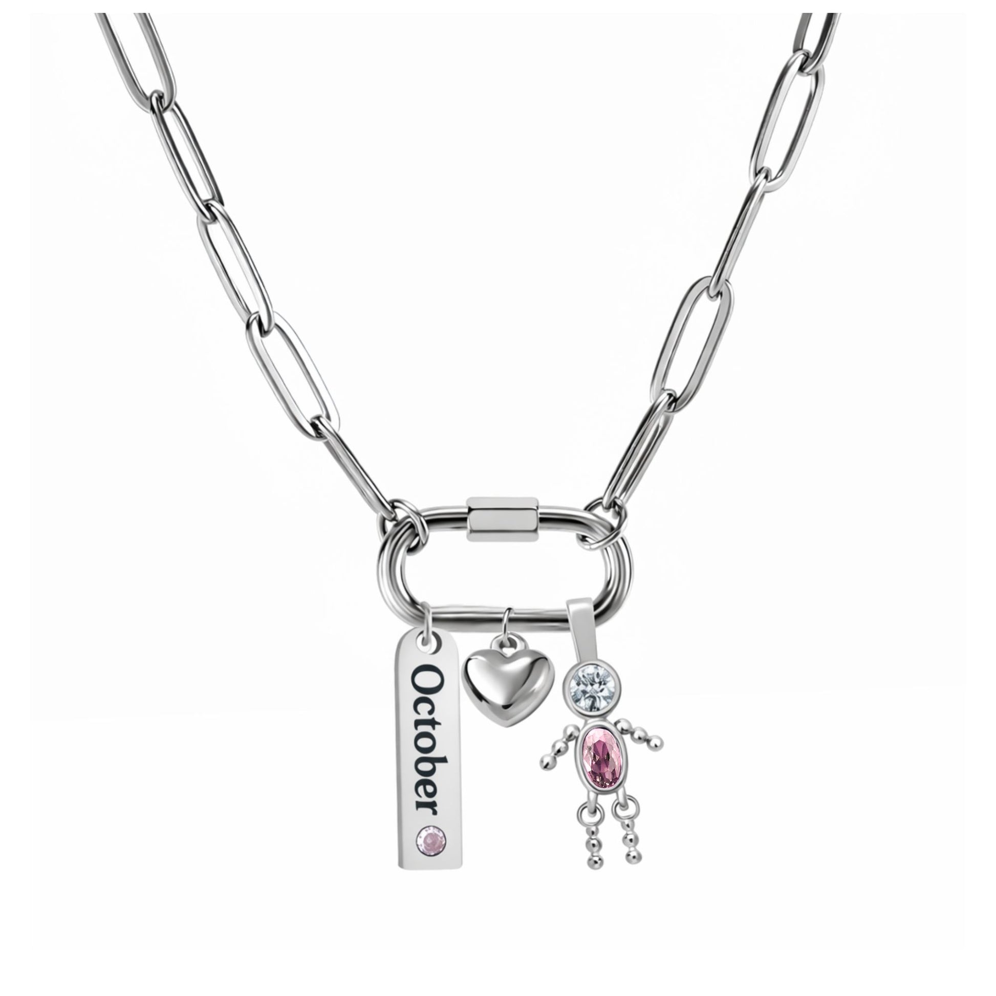 CarabinerFamilyBirthstoneNecklaceforMomorGrandmabyGingerLyneStainlessSteelCZBirthdayCharms_Male-October-Silver-1