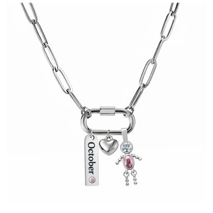 CarabinerFamilyBirthstoneNecklaceforMomorGrandmabyGingerLyneStainlessSteelCZBirthdayCharms_Male-October-Silver-1
