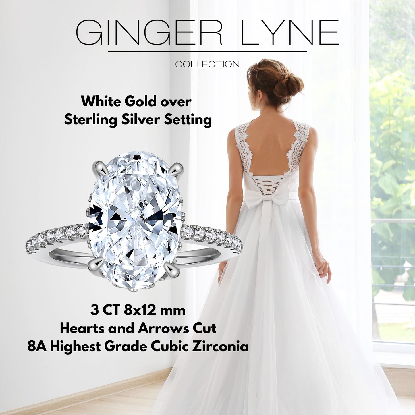 Solitaire 3 Ct Oval Engagement Ring for Women Sterling Silver CZ Ginger Lyne Collection