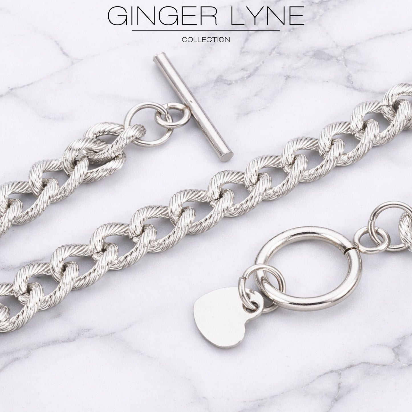 Heart Charm Toggle Bracelet for Women by Ginger Lyne Stainless Steel Chain - Silver Tone