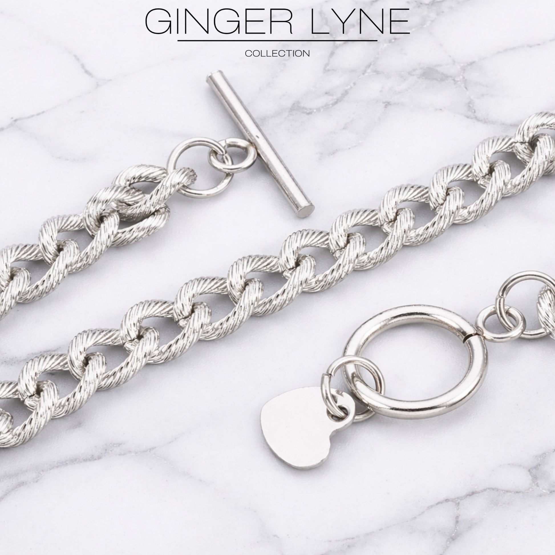 Heart Charm Toggle Bracelet for Women by Ginger Lyne Stainless Steel Chain - Silver Tone