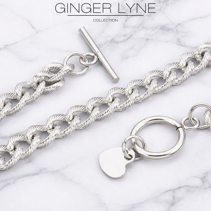 Heart Charm Toggle Bracelet for Women by Ginger Lyne Stainless Steel Chain - Silver Tone
