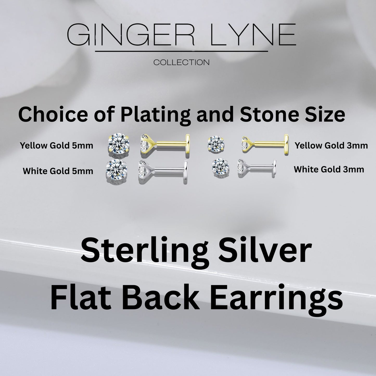 Solitaire Flat Back Stud Earrings by Ginger Lyne Sterling Silver 5A CZ 3mm or 5mm Stone - 5mm-1x6-Silver