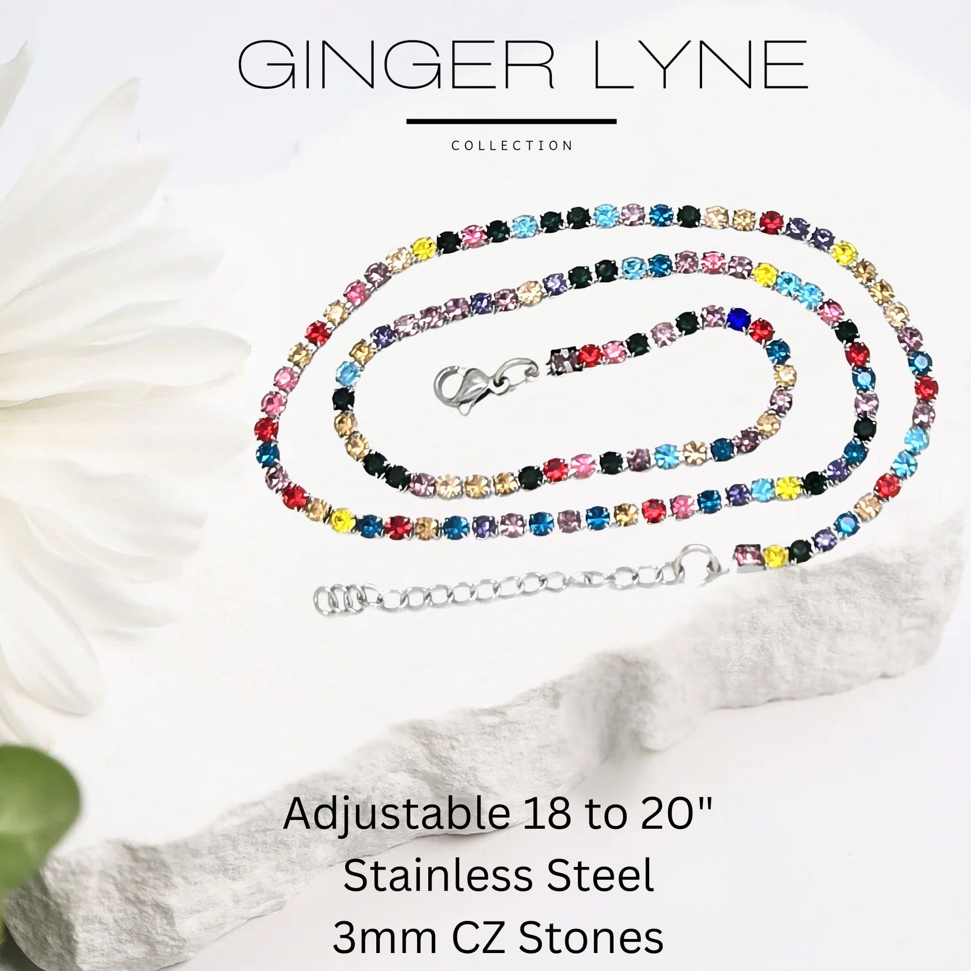 ColorfulTennisNecklaceforWomen3mmCubicZirconia18:-20"AdjustableLengthStainlessSteelbyGingerLyne_Multicolored-5