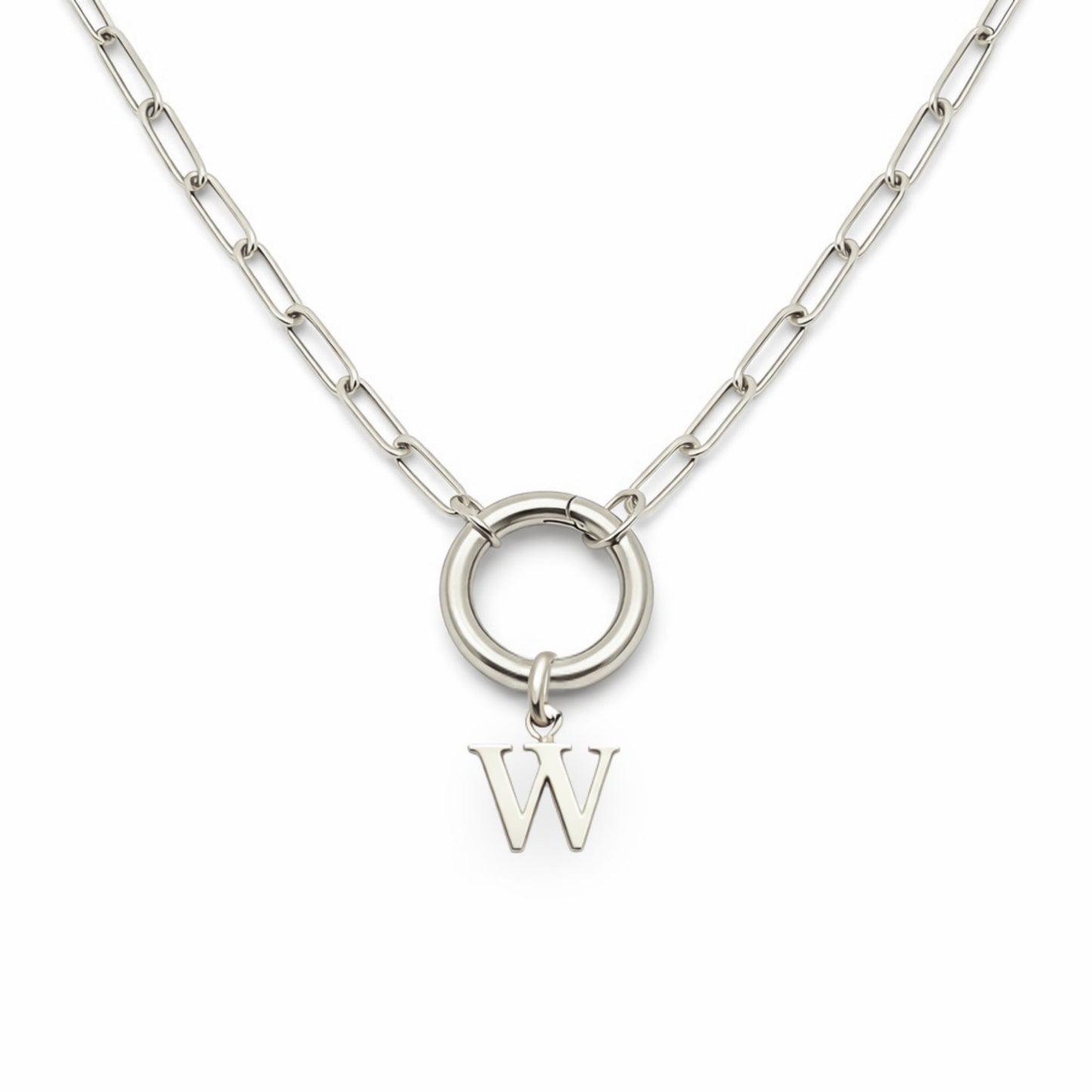 PaperclipLinkCircleCarabinerIntialLetterCharmHolderNecklaceforWomenStainlessSteel20"GingerLyne_Silver-W-1