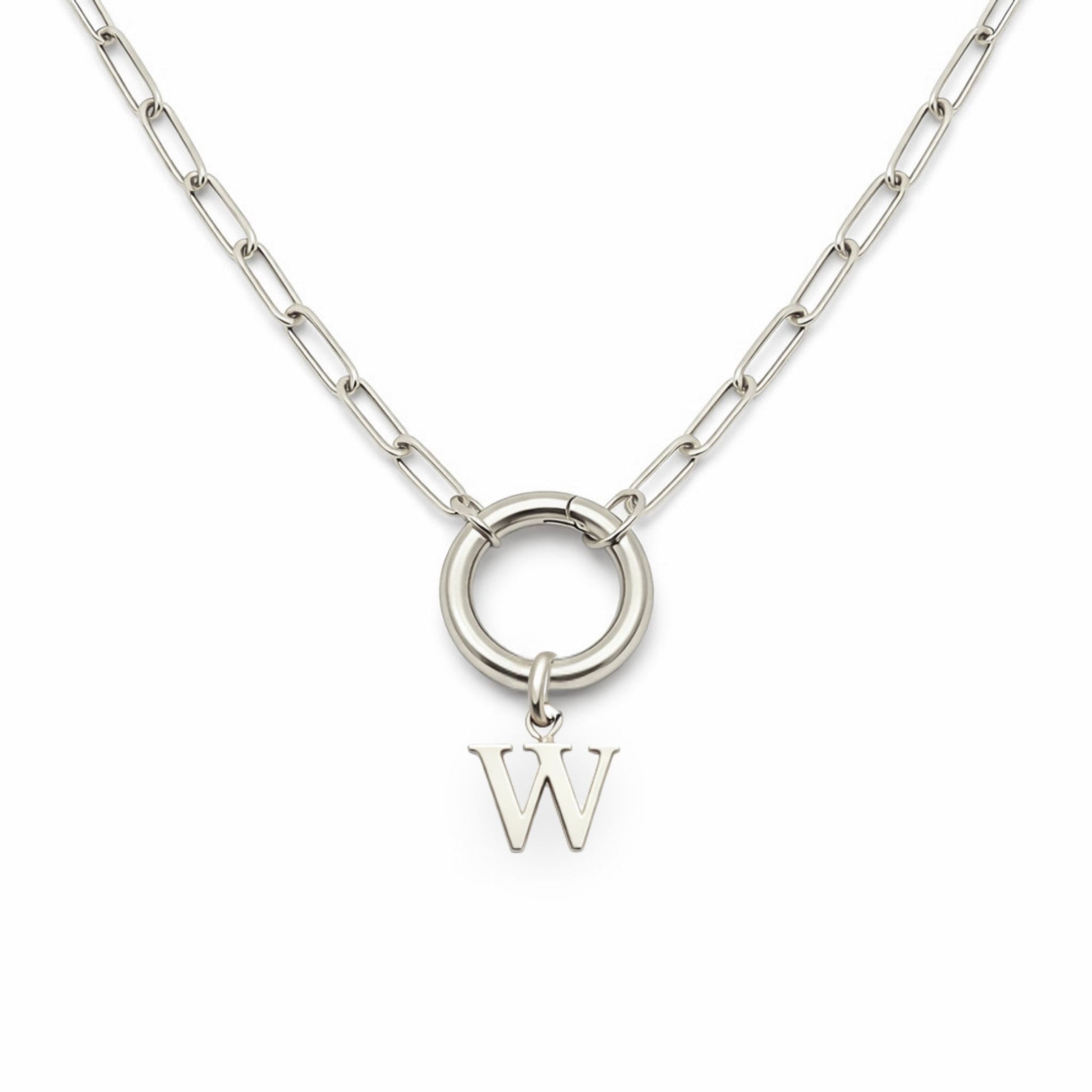 PaperclipLinkCircleCarabinerIntialLetterCharmHolderNecklaceforWomenStainlessSteel20"GingerLyne_Silver-W-1