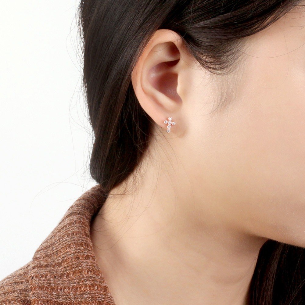 Religious Cross Stud Earrings for Women Cz Sterling Silver Ginger Lyne Collection - Rose Gold
