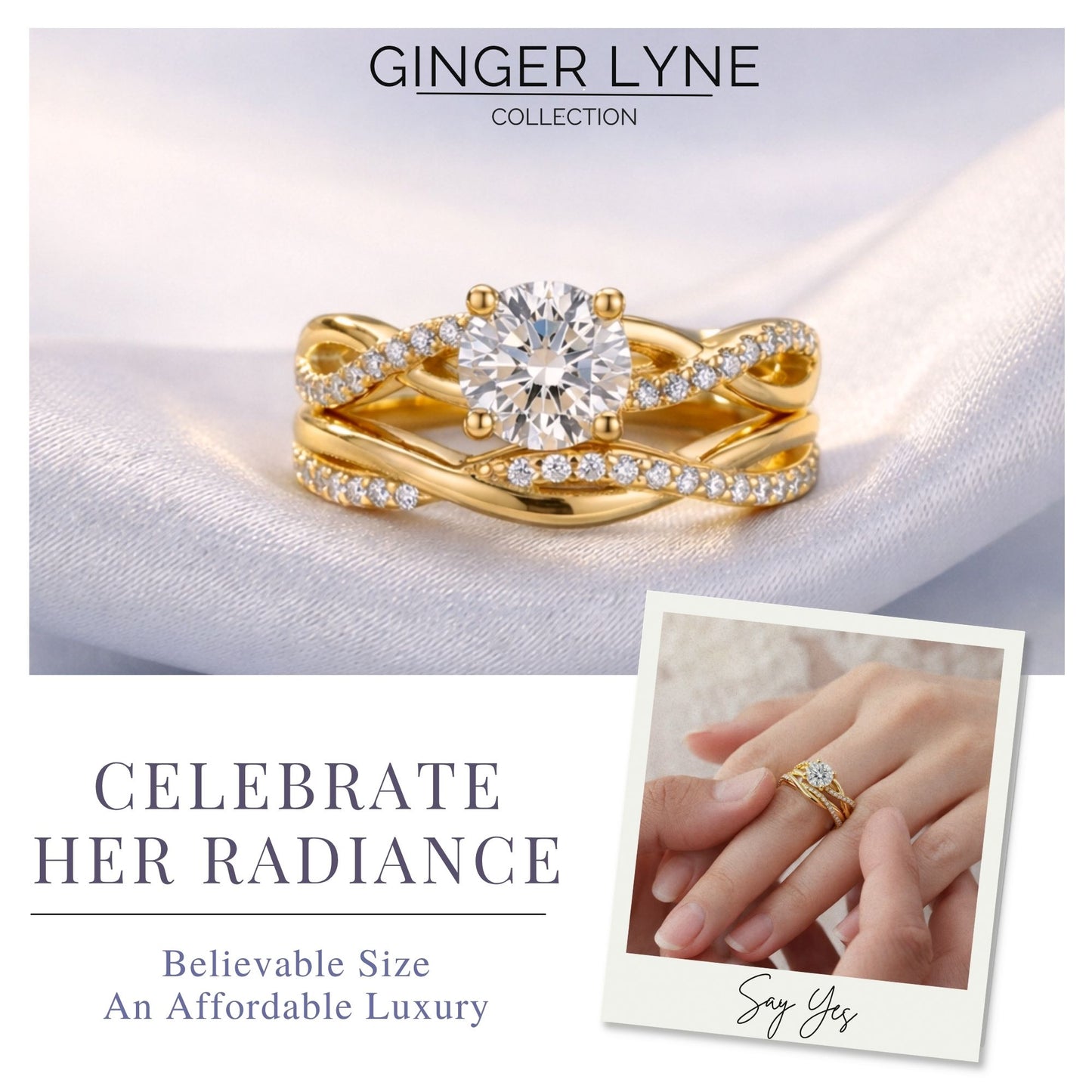 QueenaWeddingRingSetAnniversaryBandEngagementRingforWomenSterlingSterlingCzGingerLyneCollection_Gold/Sterling-4