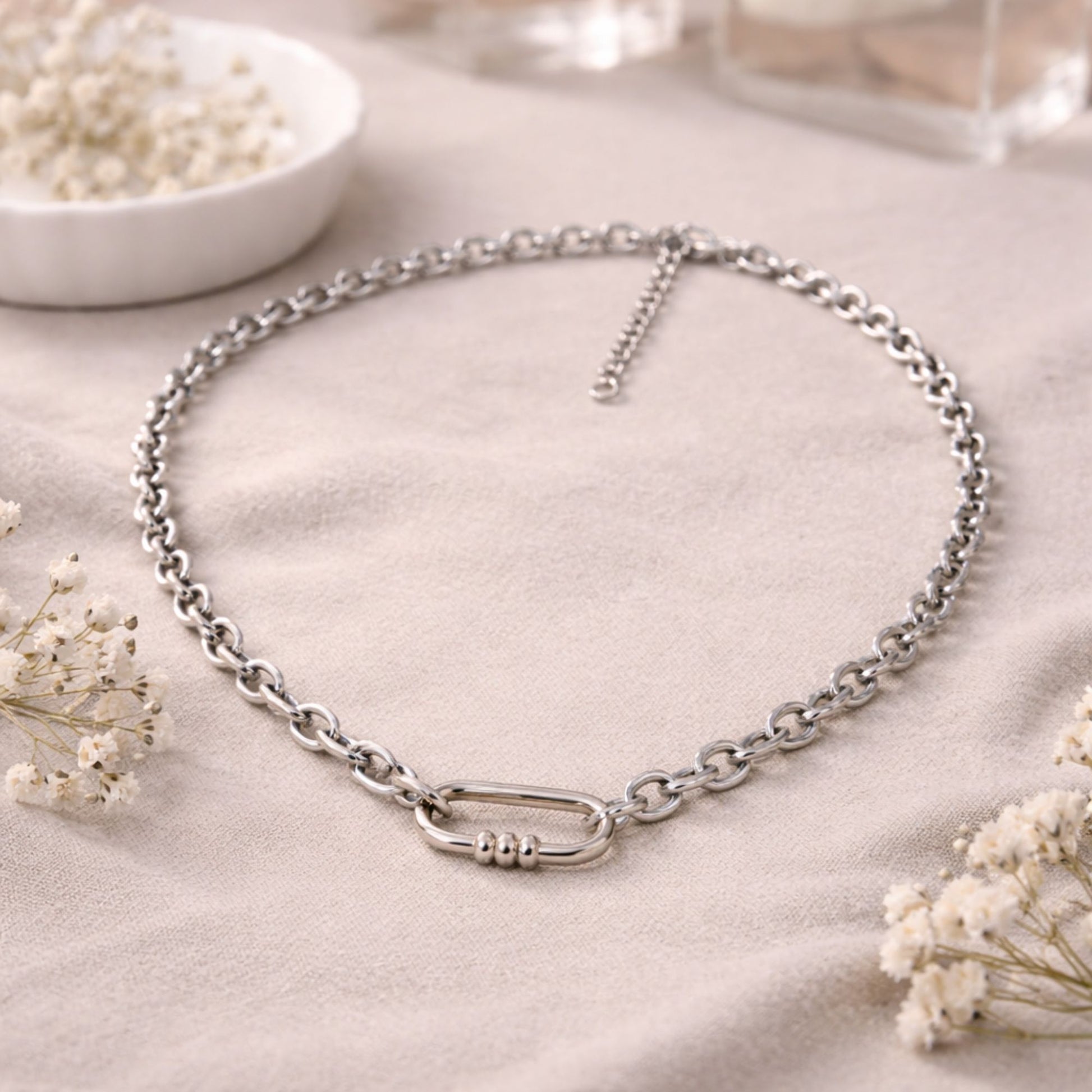 Carabiner Charm Holder Necklace for Women by Ginger Lyne O Chain Silver Stainless Steel 18-20" - Silver-OChain/Rect 3 Bead CH