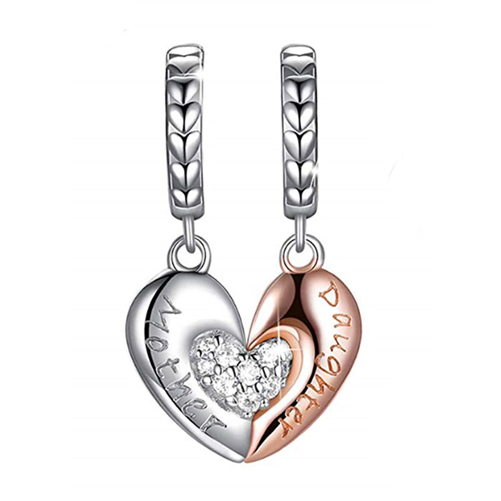 Mother Daughter Heart Charm European Bead Sterling Silver Clear CZ Ginger Lyne Collection