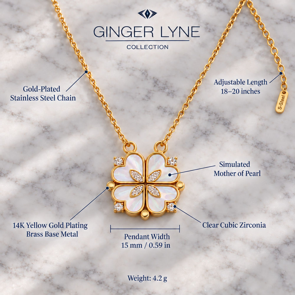 Heart to Clover 2 in 1 Pendant Necklace for Women Gold Tone CZ by Ginger Lyne Collection - Gold Tone