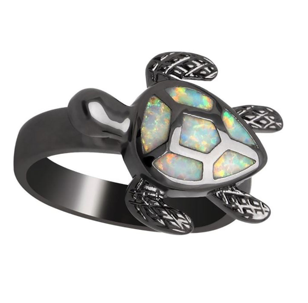 Sea Turtle Statement Ring Black Plate Fire Opal Girl Women Ginger Lyne Collection - White,6