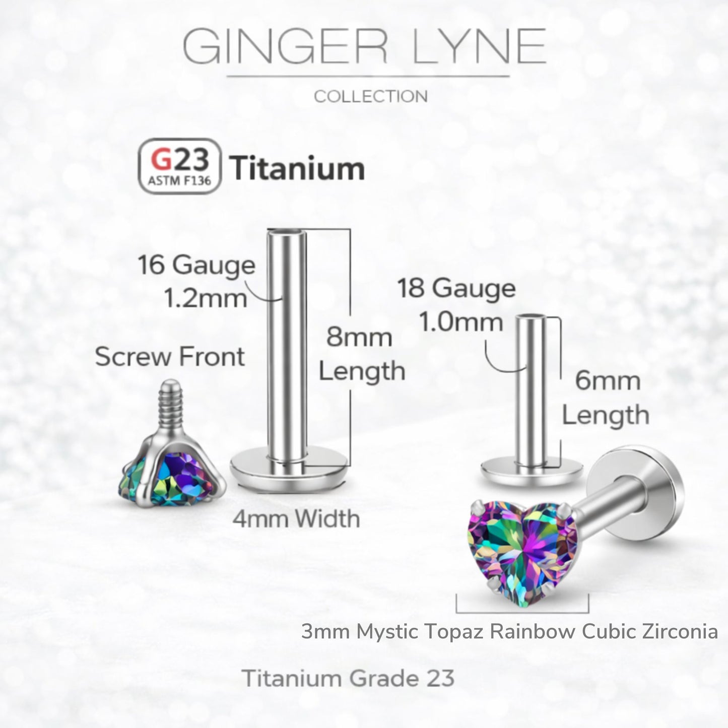 Small Heart CZ Solitaire Flat Back Stud Earrings Titanium Body Piercings by Ginger Lyne 2 Sets Post 6mm 8mm - 3mm-MysticRainbow