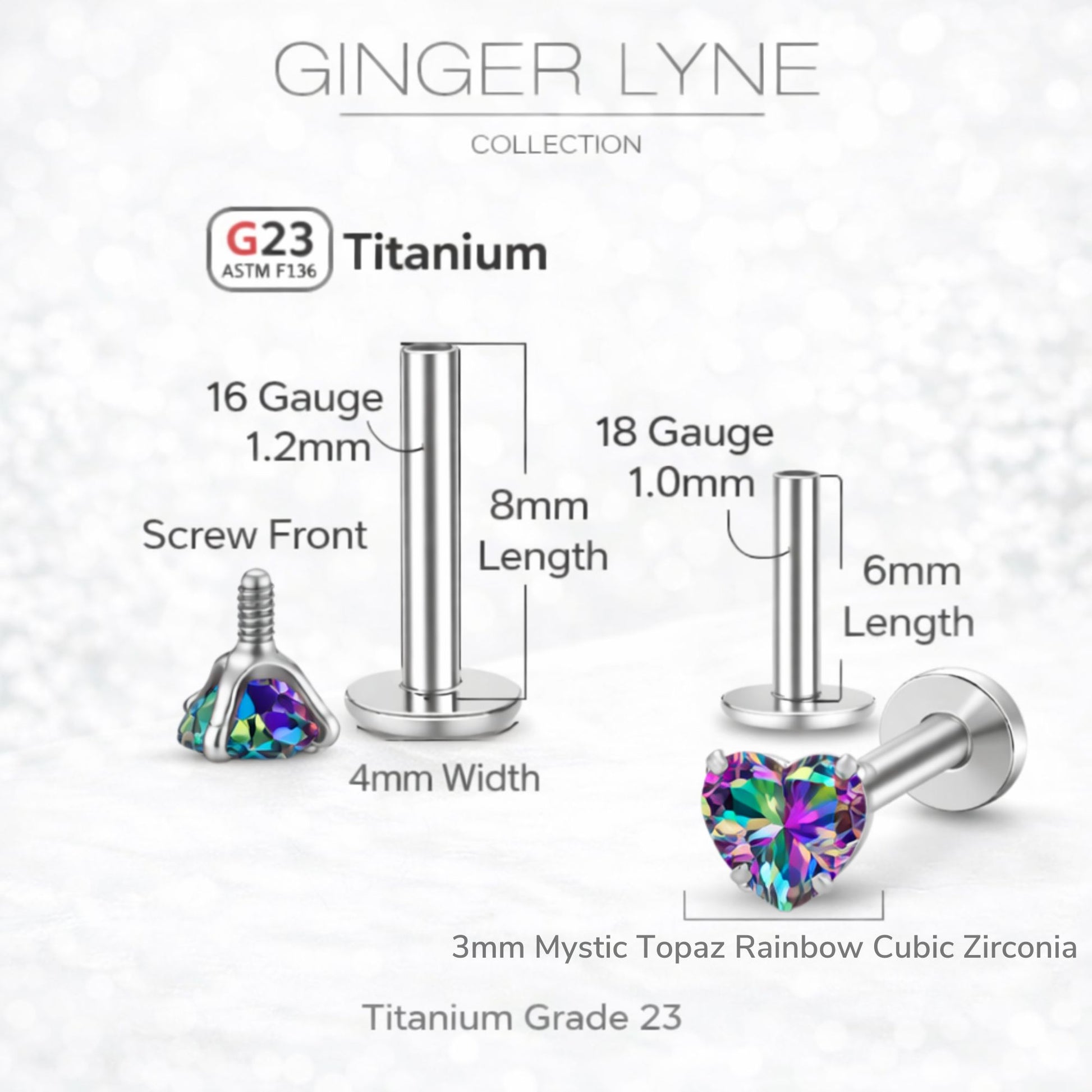 Small Heart CZ Solitaire Flat Back Stud Earrings Titanium Body Piercings by Ginger Lyne 2 Sets Post 6mm 8mm - 3mm-MysticRainbow