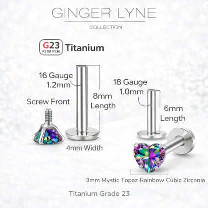 Small Heart CZ Solitaire Flat Back Stud Earrings Titanium Body Piercings by Ginger Lyne 2 Sets Post 6mm 8mm - 3mm-MysticRainbow