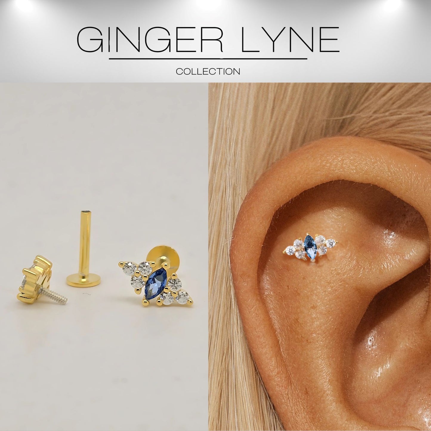 BlueMarquiseCZFlatBackEarringsforCartilageorLobe16gGoldPlatedSterlingSilver1pairbyGingerLyne_Gold-2