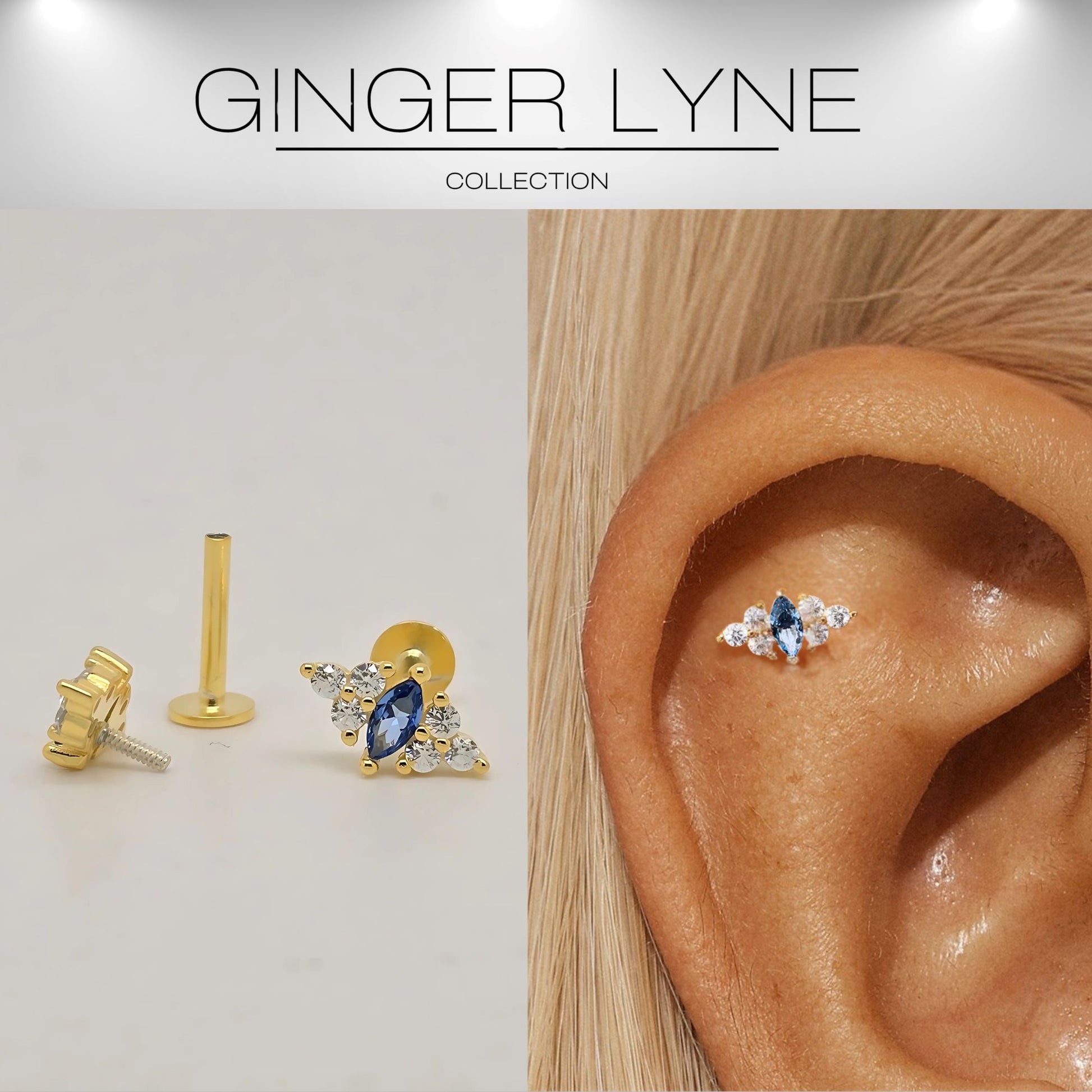 BlueMarquiseCZFlatBackEarringsforCartilageorLobe16gGoldPlatedSterlingSilver1pairbyGingerLyne_Gold-2