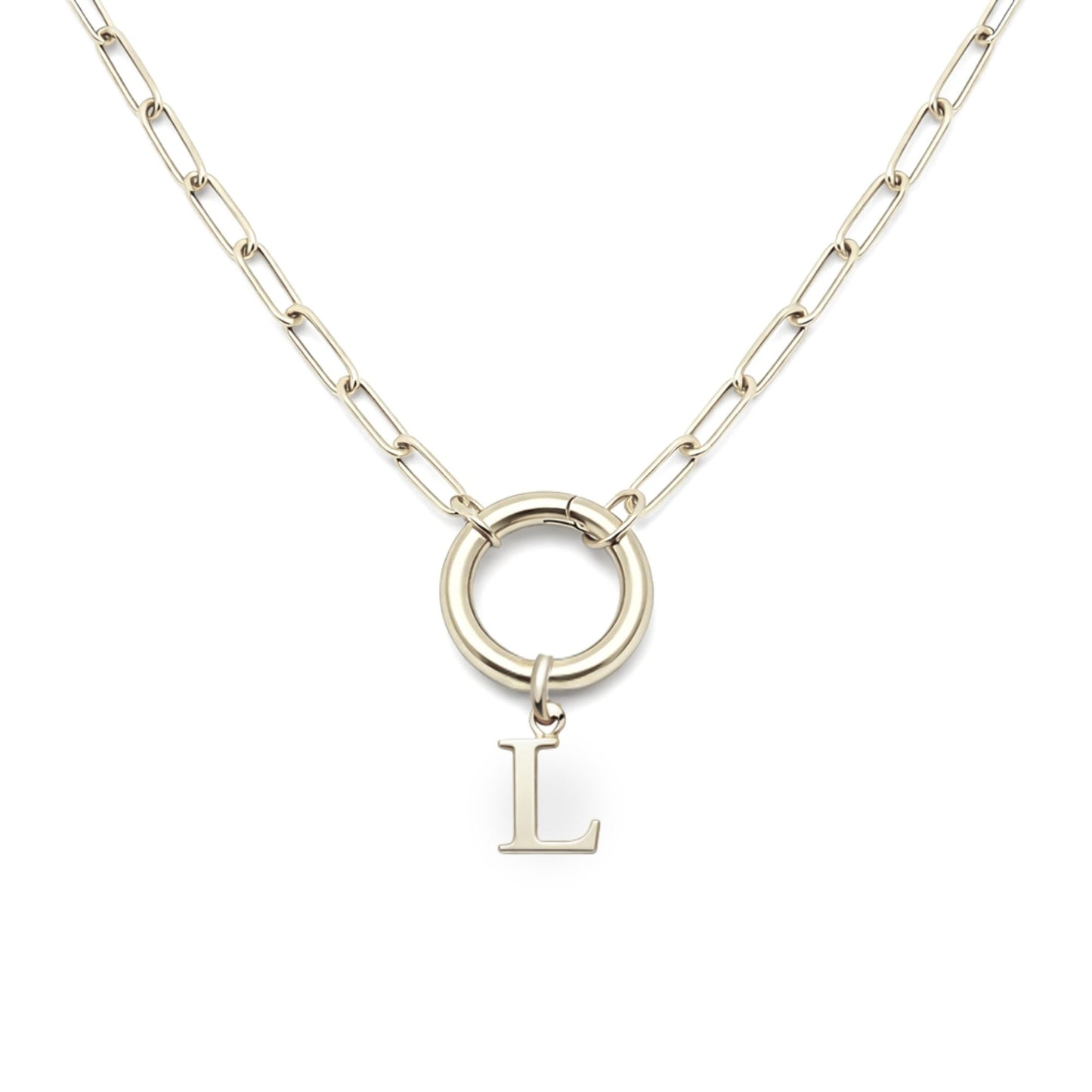 PaperclipLinkCircleCarabinerIntialLetterCharmHolderNecklaceforWomenStainlessSteel20"GingerLyne_Silver-L-1