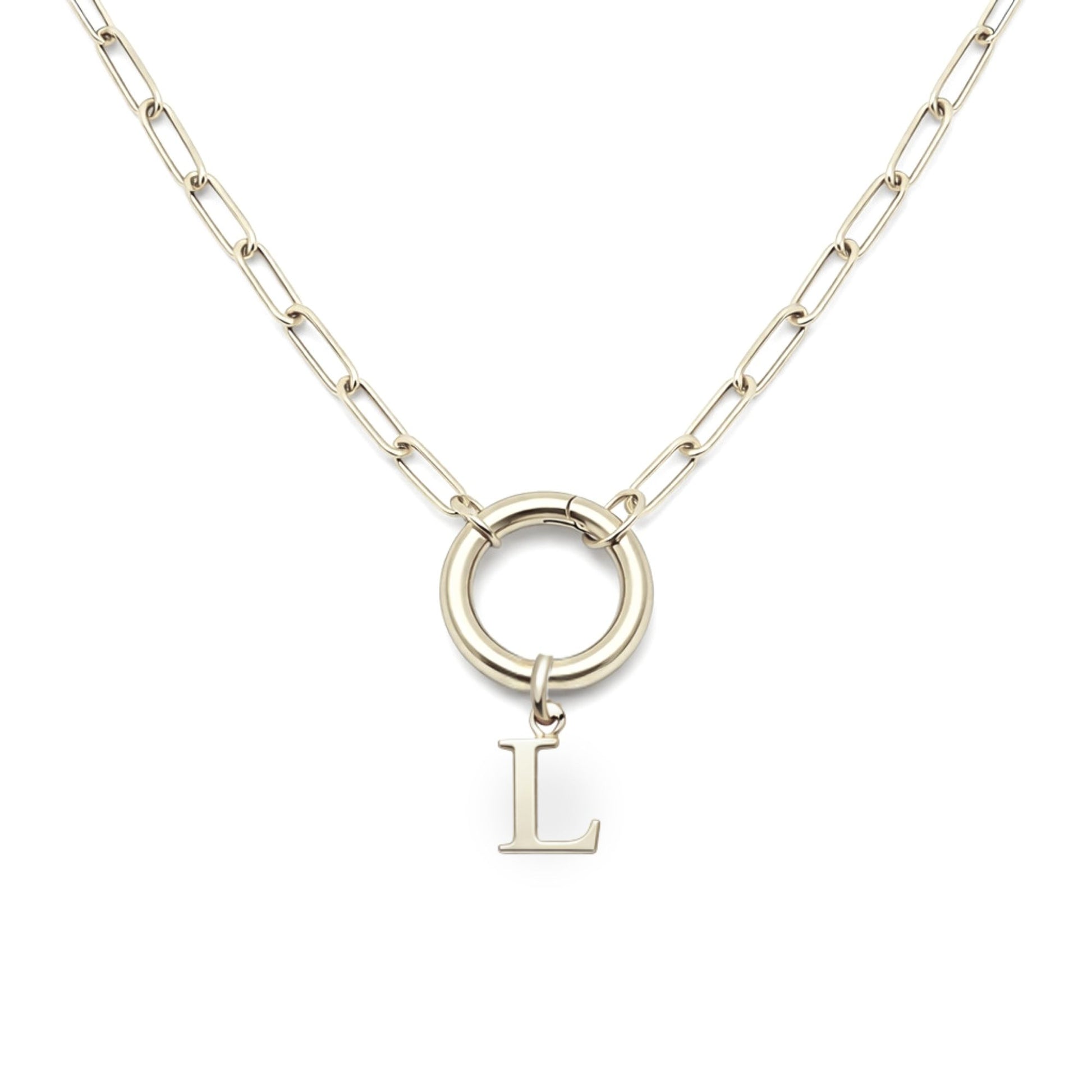 PaperclipLinkCircleCarabinerIntialLetterCharmHolderNecklaceforWomenStainlessSteel20"GingerLyne_Silver-L-1