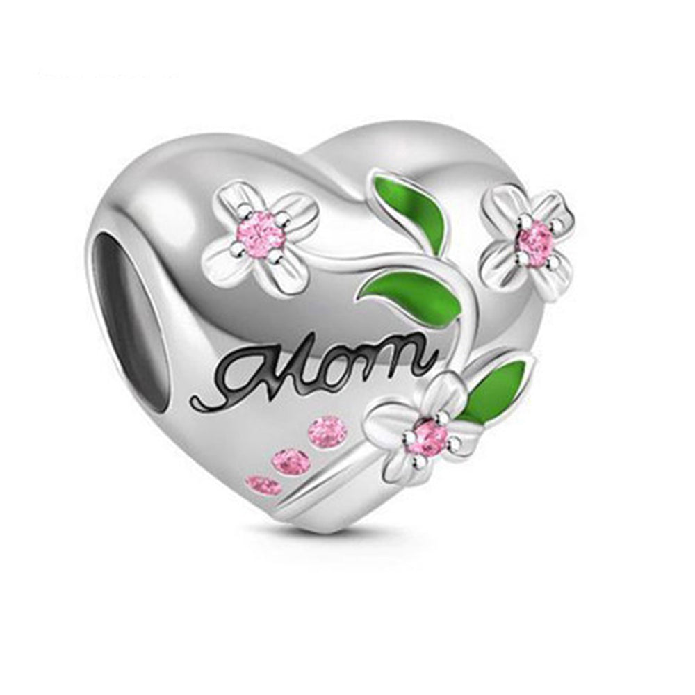 Mom Heart Flower Charm European Bead Sterling Silver Pink CZ Ginger Lyne Collection