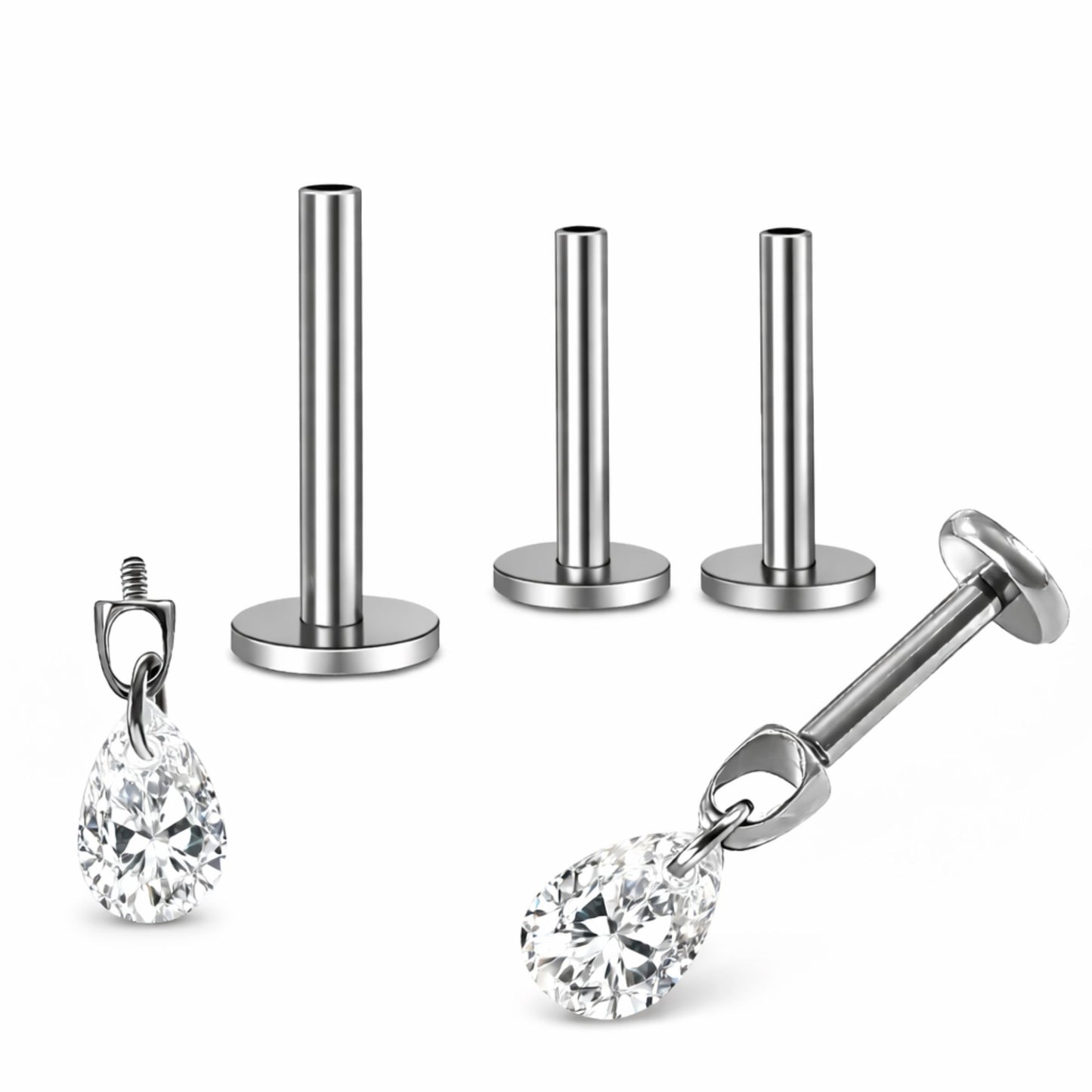 TeardropCZFlatBackStudEarrings6mmPearShapeDangleBodyPiercingsbyGingerLyne2SetsPost6mm8mm_Clear-1