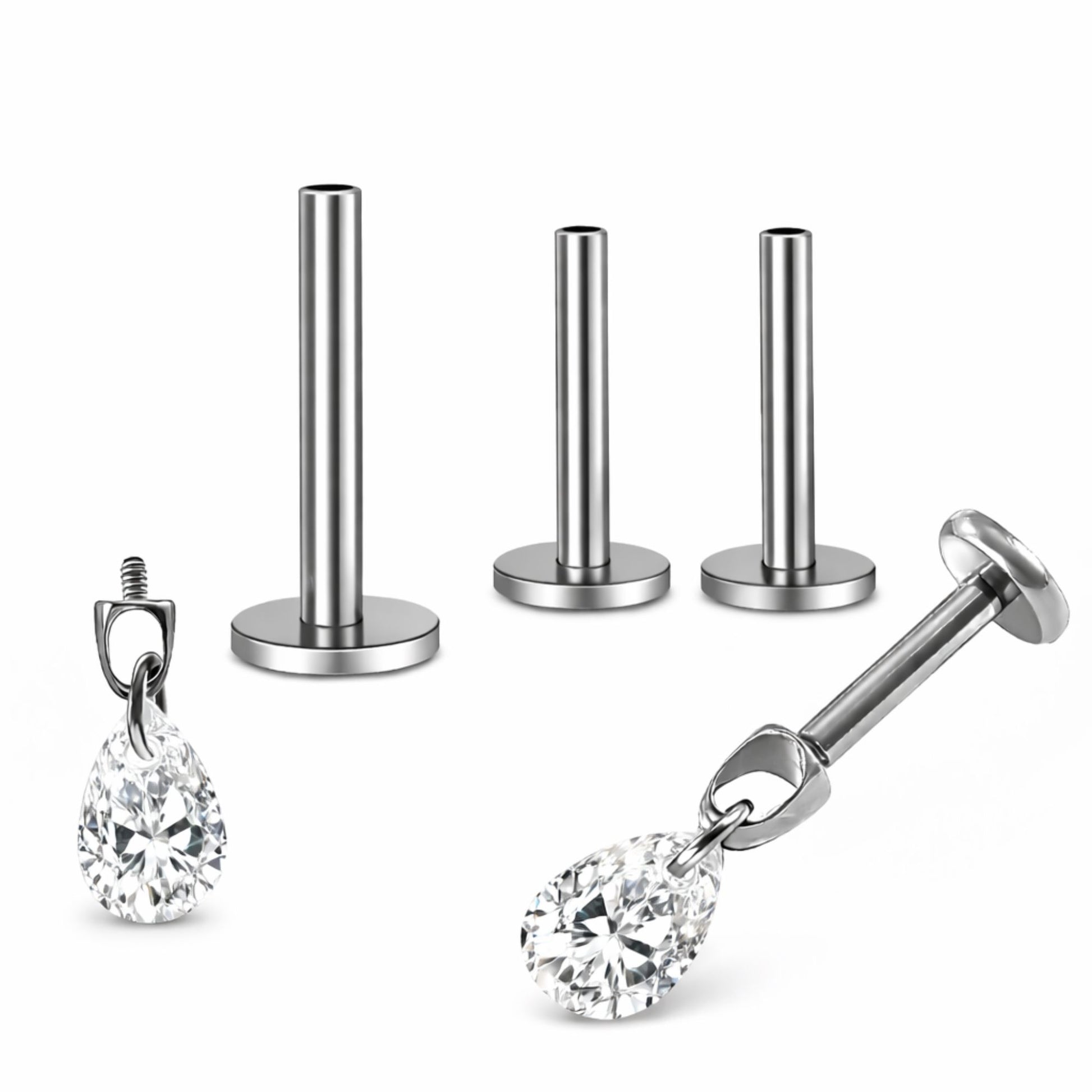 TeardropCZFlatBackStudEarrings6mmPearShapeDangleBodyPiercingsbyGingerLyne2SetsPost6mm8mm_Clear-1