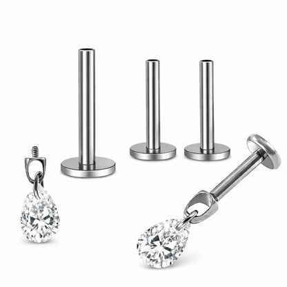 TeardropCZFlatBackStudEarrings6mmPearShapeDangleBodyPiercingsbyGingerLyne2SetsPost6mm8mm_Clear-1