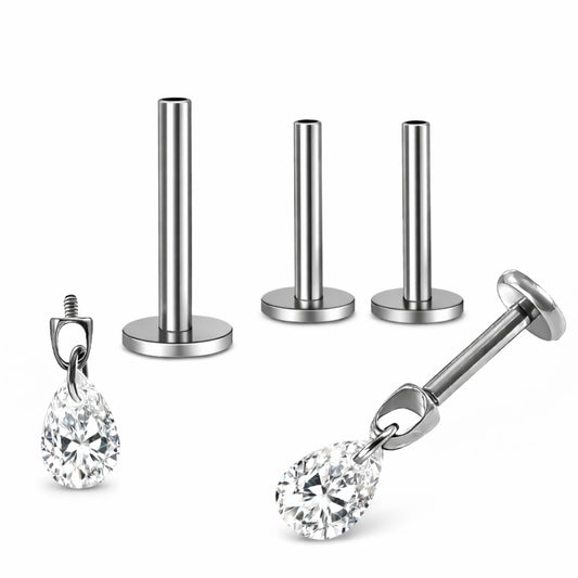 TeardropCZFlatBackStudEarrings6mmPearShapeDangleBodyPiercingsbyGingerLyne2SetsPost6mm8mm_Clear-1