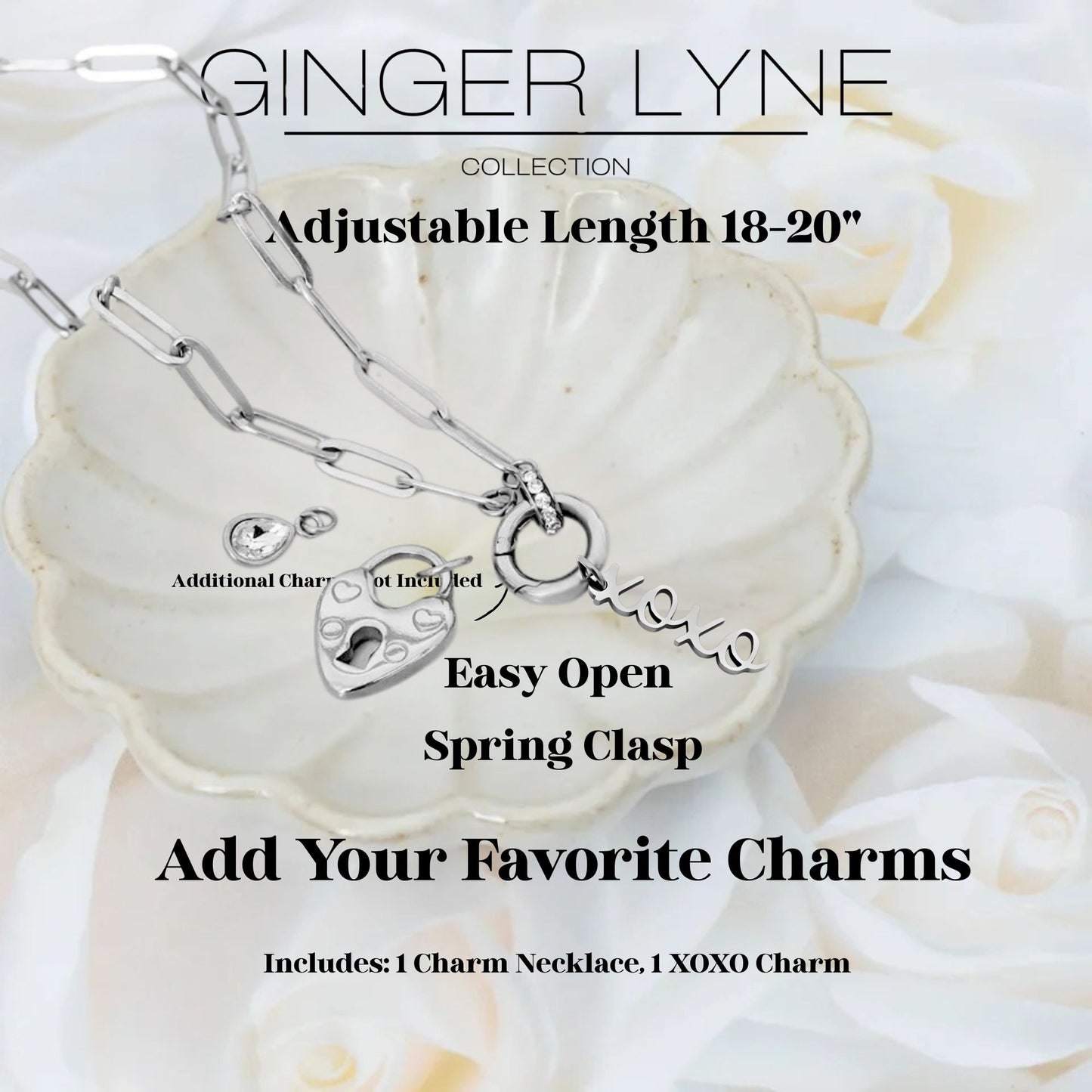 Ginger Lyne Paperclip Chain Carabiner Charm Holder Necklace Hugs and Kisses Charm for Women Stainless Steel 18-20" - Silver Tone