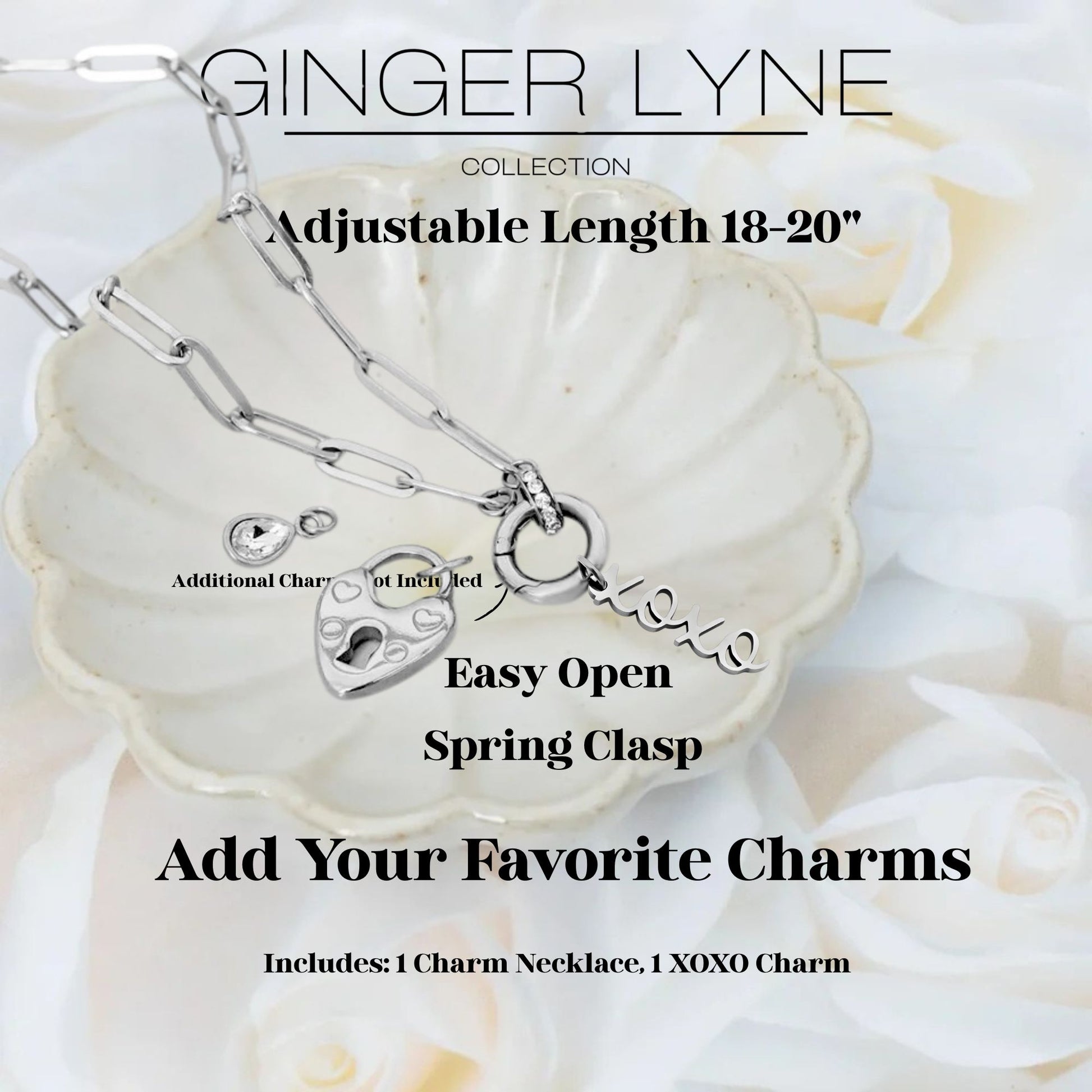 Ginger Lyne Paperclip Chain Carabiner Charm Holder Necklace Hugs and Kisses Charm for Women Stainless Steel 18-20" - Silver Tone