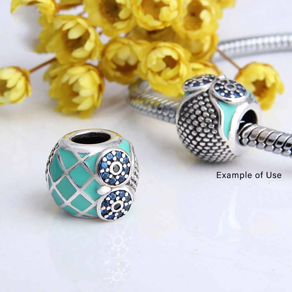 Owl Charm European Bead Blue CZ Sterling Silver Green Enamel Ginger Lyne Collection - Owl-60
