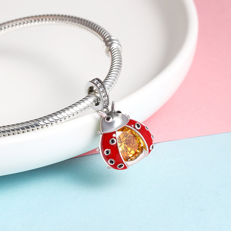 Red Lucky Ladybug Charm European Bead CZ Sterling Silver Ginger Lyne Collection