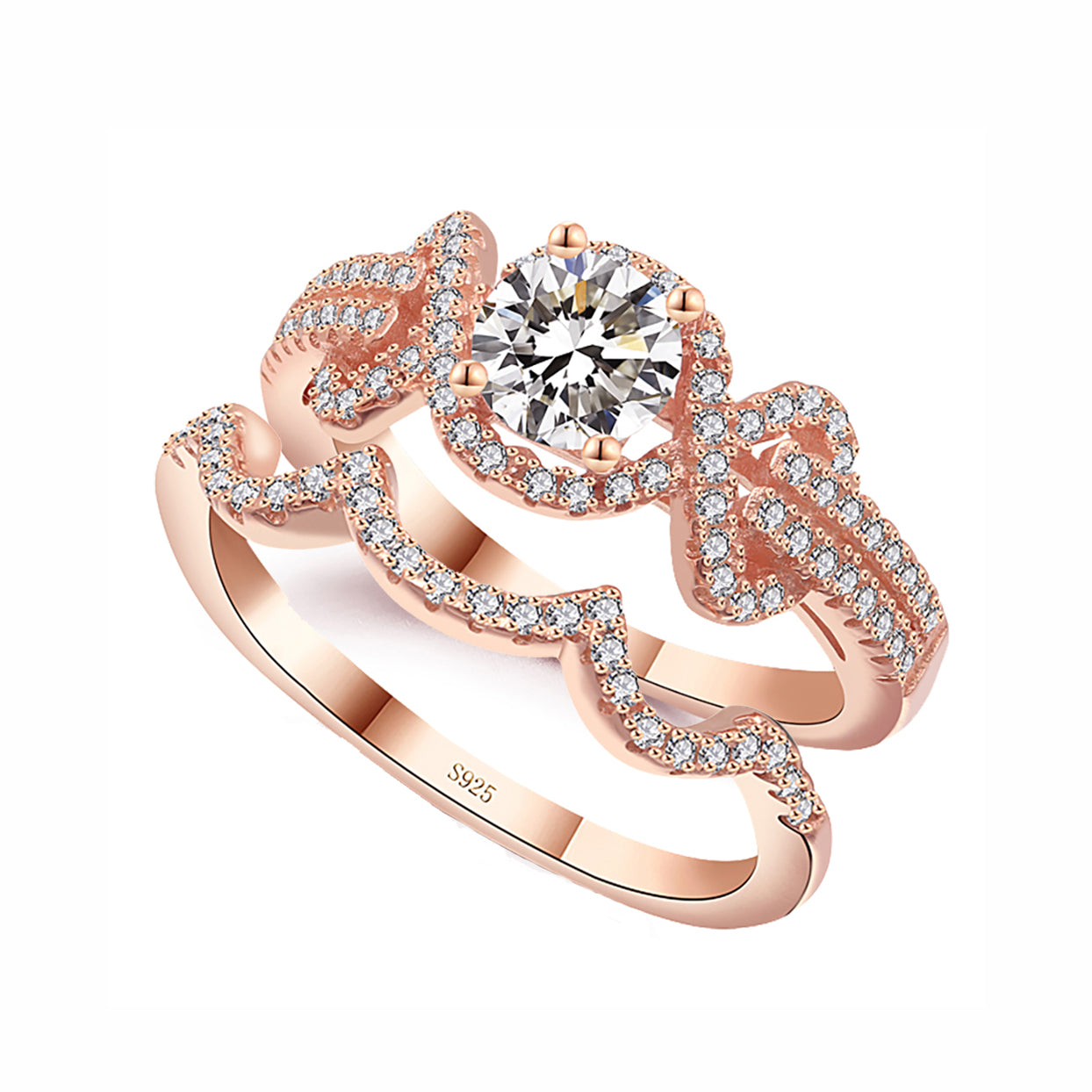 Rose Gold Bridal Ring Set Sterling Silver Engagement Women Ginger Lyne Collection - 6