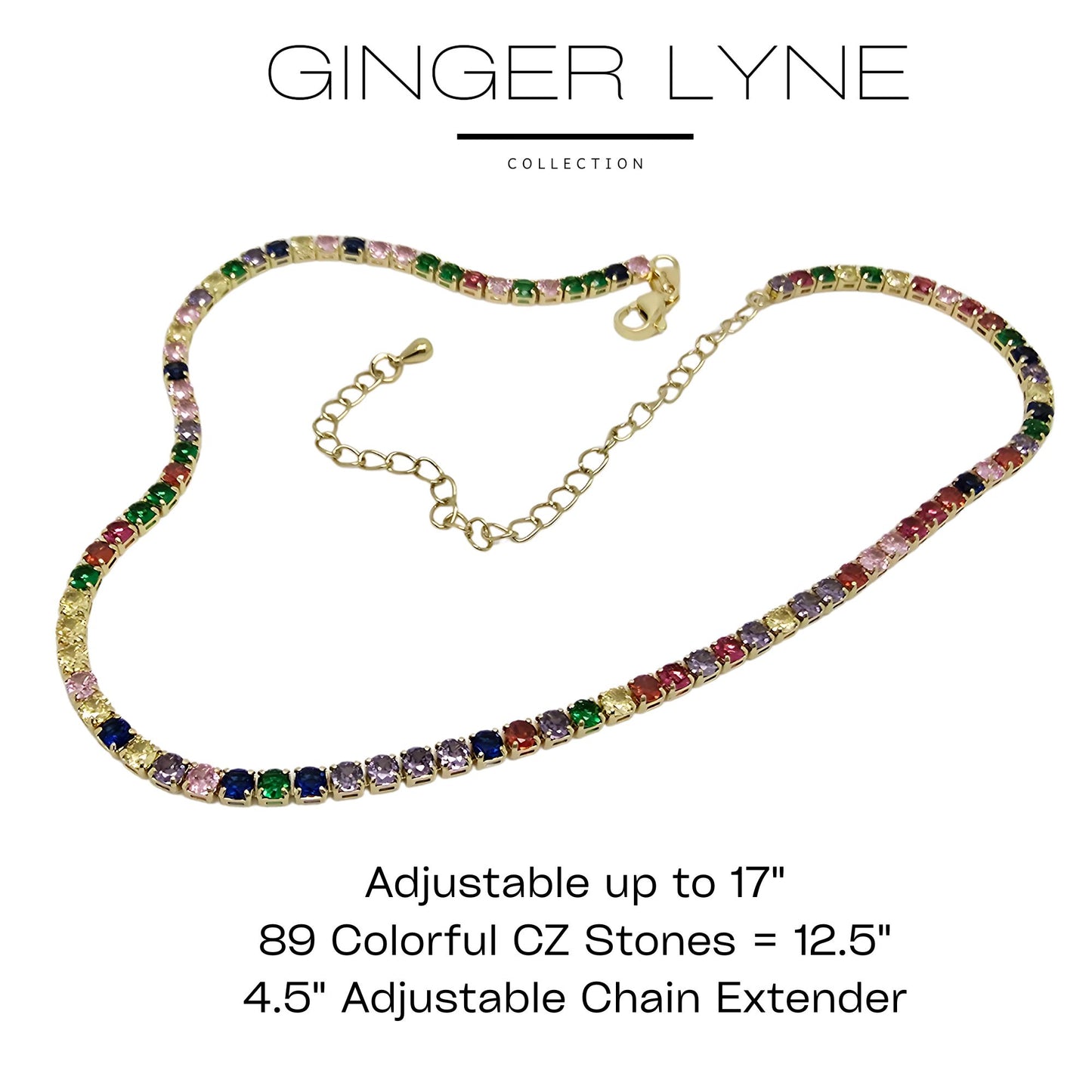 ColorfulTennisNecklaceforWomen3mmCubicZirconiaAdjustable17"Length14KGoldPlatedStainlessSteelbyGingerLyne_GoldTone-5