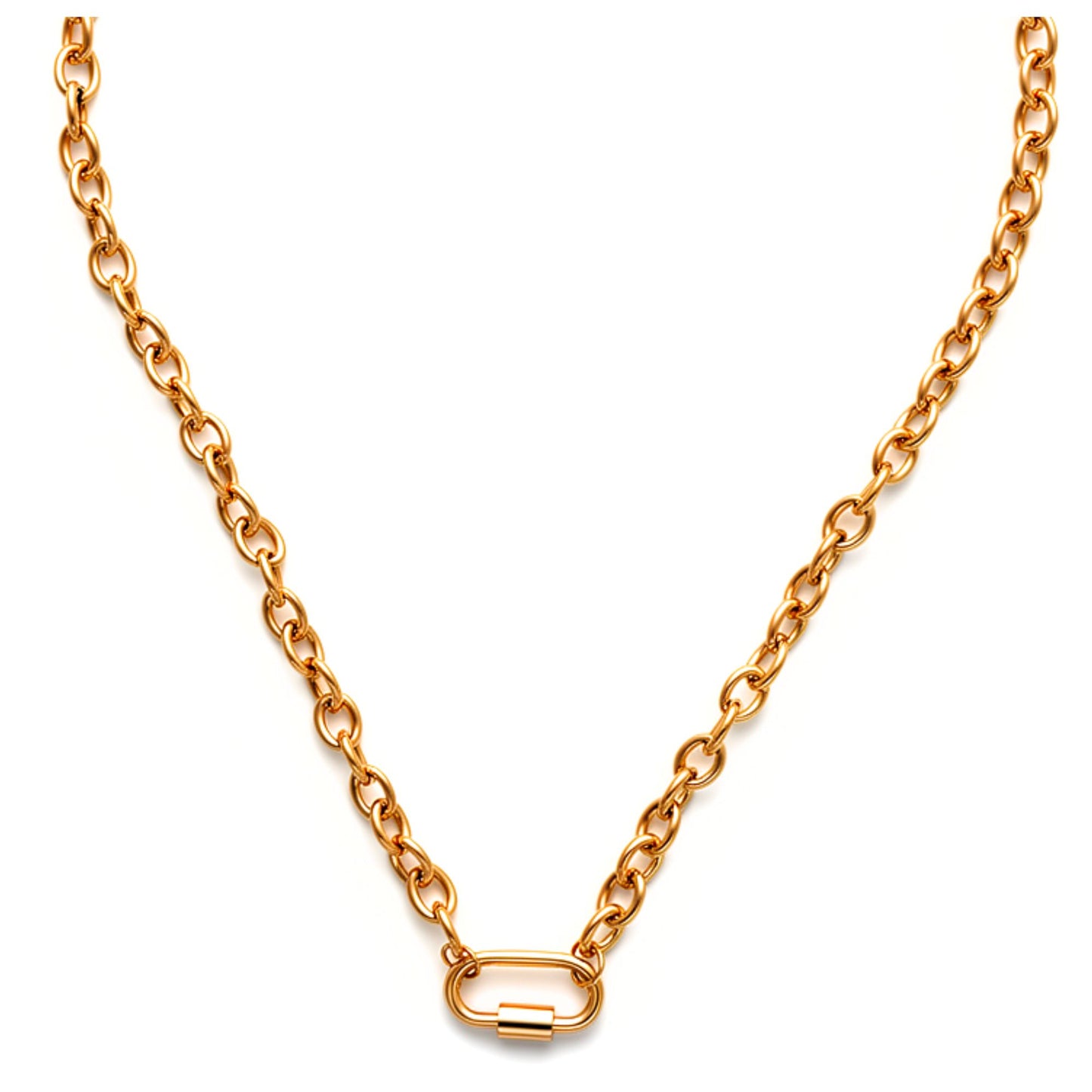 CarabinerCharmHolderNecklaceforWomenbyGingerLyneOChainSilverGoldPlatedStainlessSteel18-20"_Gold-OChain/RectSqCH-1