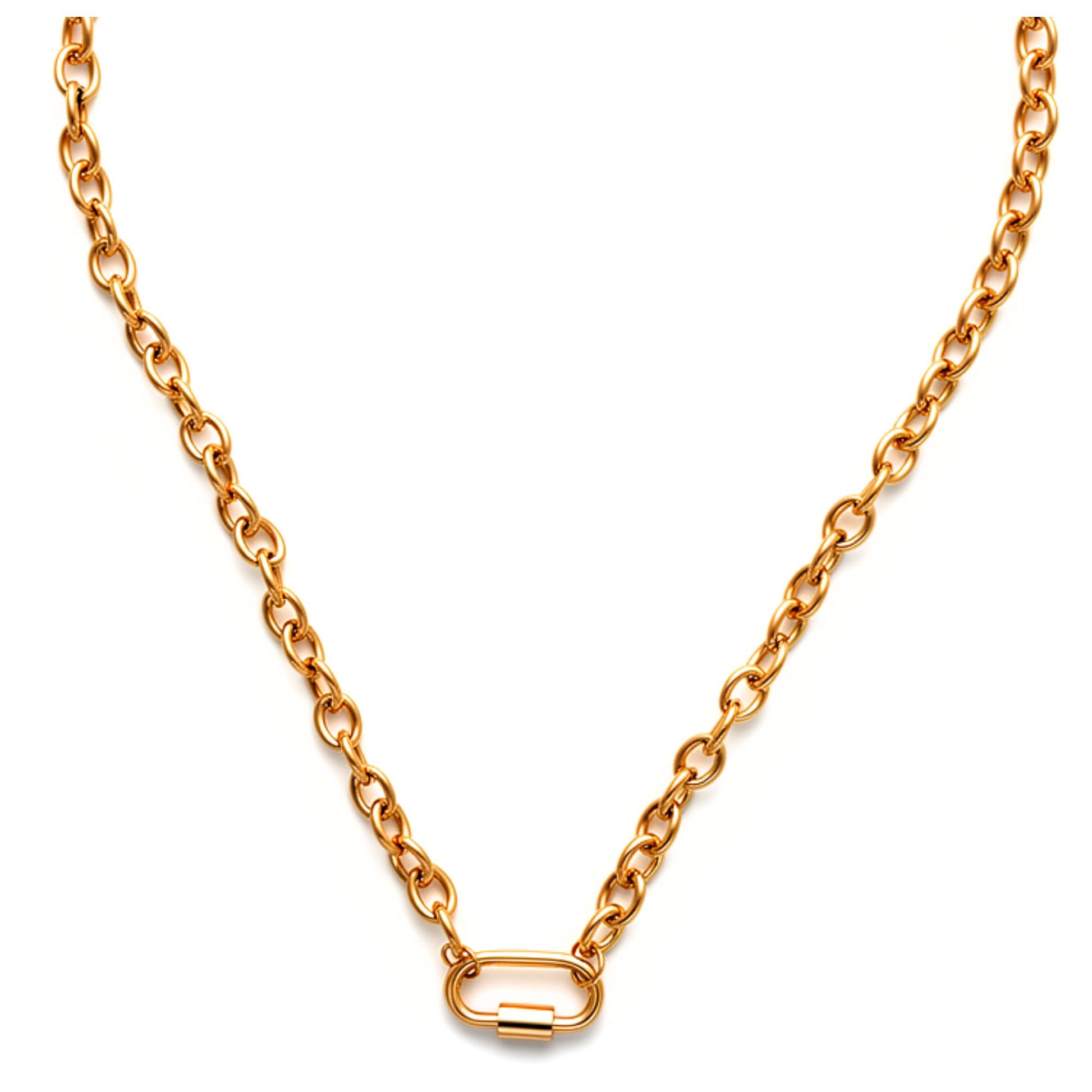 CarabinerCharmHolderNecklaceforWomenbyGingerLyneOChainSilverGoldPlatedStainlessSteel18-20"_Gold-OChain/RectSqCH-1