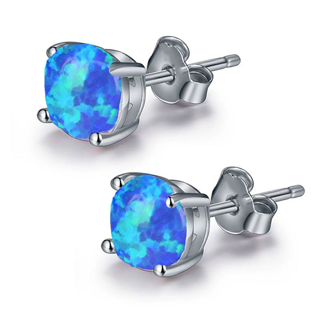 Blue Fire Opal Stud Earrings for Women White Gold Plated Ginger Lyne Collection - Silver/Blue