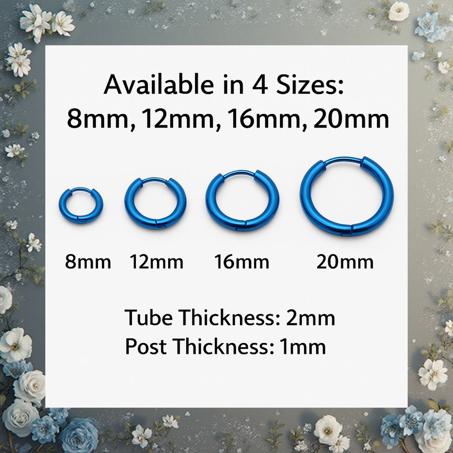 Stainless Steel Hoop Earrings by Ginger Lyne Huggie Style for Lobe Cartilage Piercing Body Jewelry - Blue-20mm
