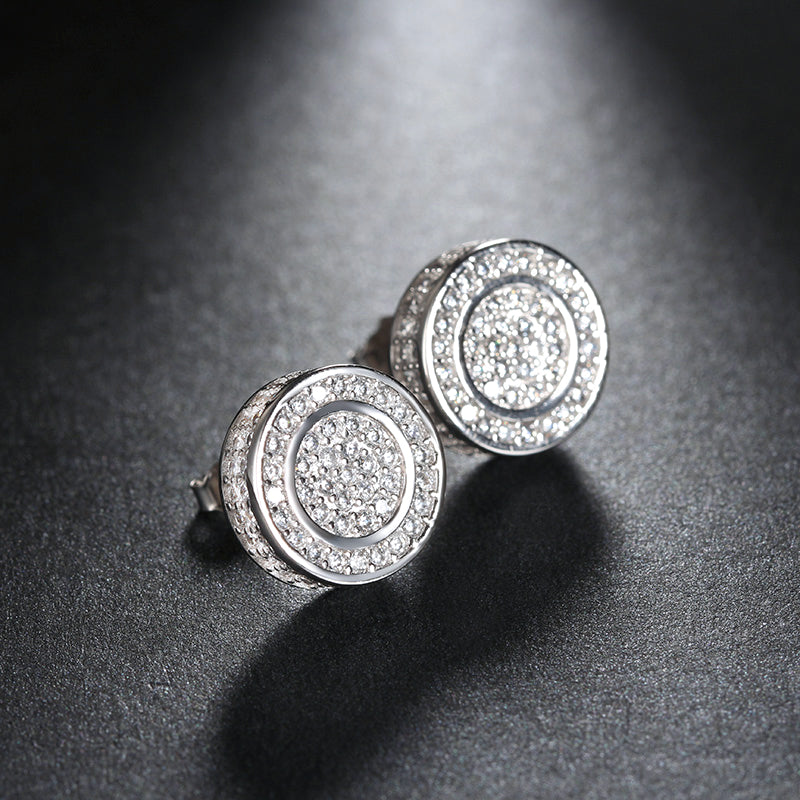 Round Stud Earrings for Women 3D CZ Iced Out White Gold Plated Ginger Lyne Collection - Silver
