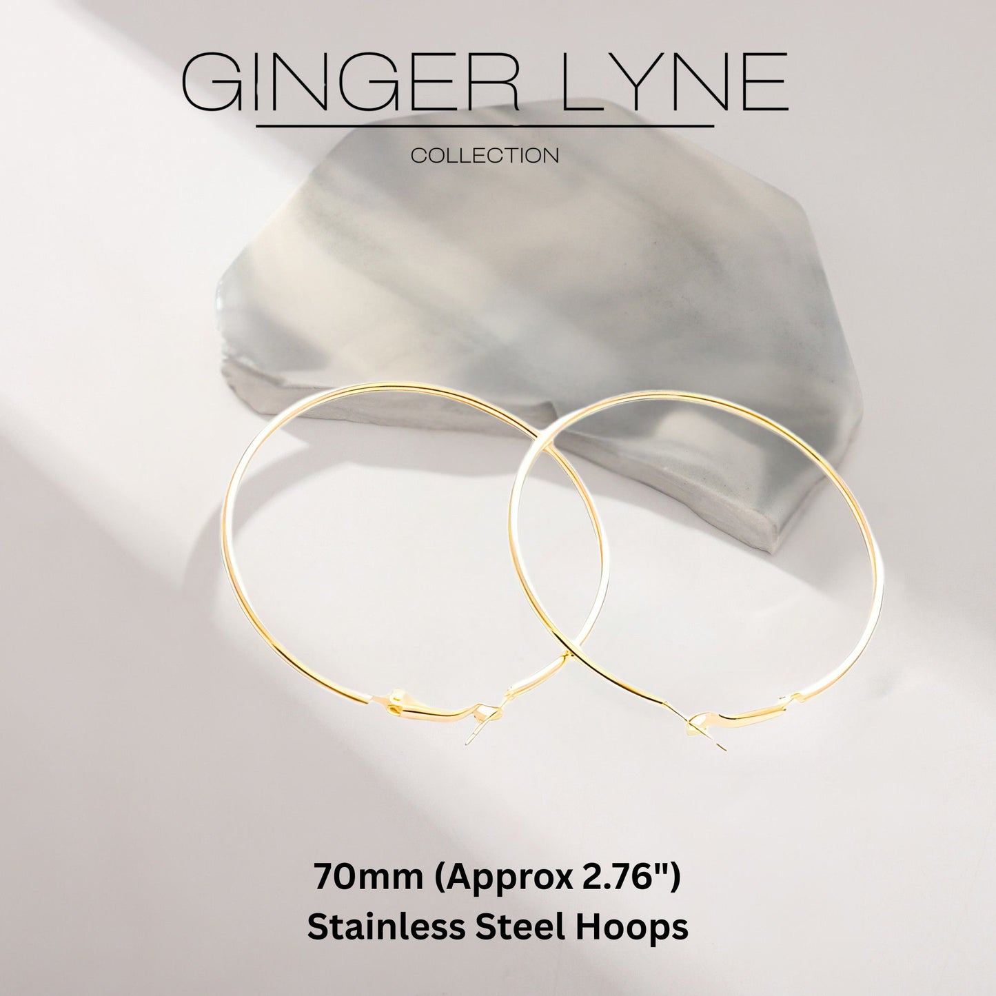 Thin Large Plain Hoop Earrings for Women 70mm Stainless Steel Ginger Lyne Collection - Gold