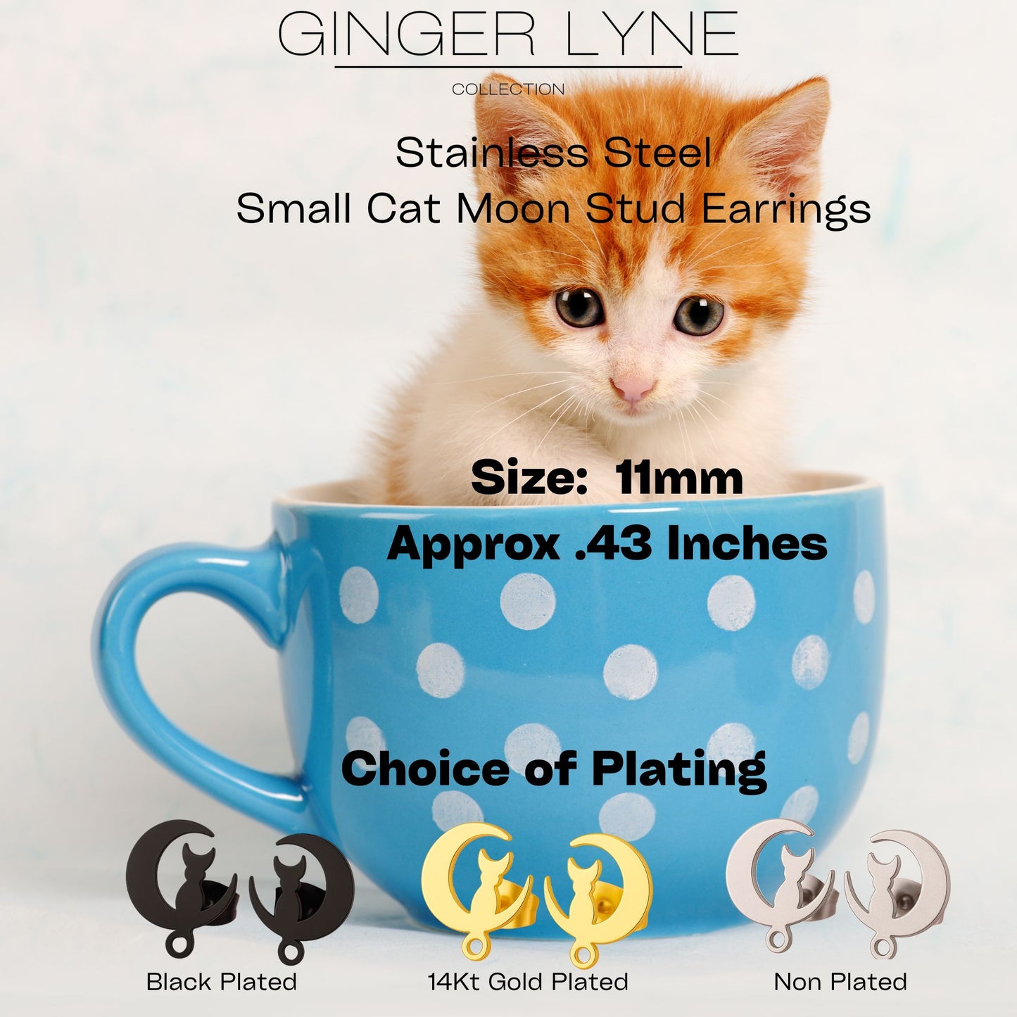 Ginger Lyne Cat Moon Earrings for Women Stainless Steel Kitty Studs Pet Jewelry Gifts for Her - Silver Tone
