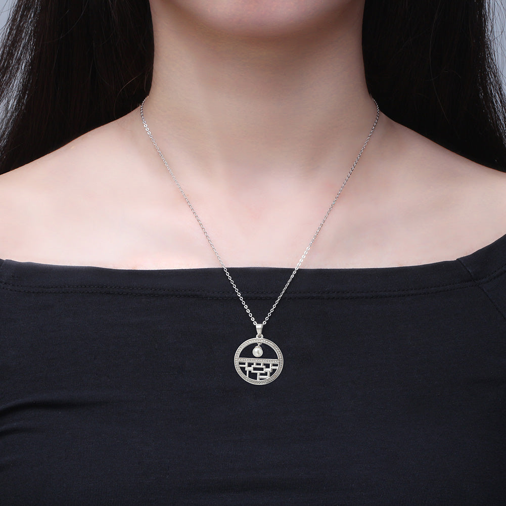 Flower Window Pattern Pendant Necklace for Women Cz Simulated Pearl Ginger Lyne Collection - Silver