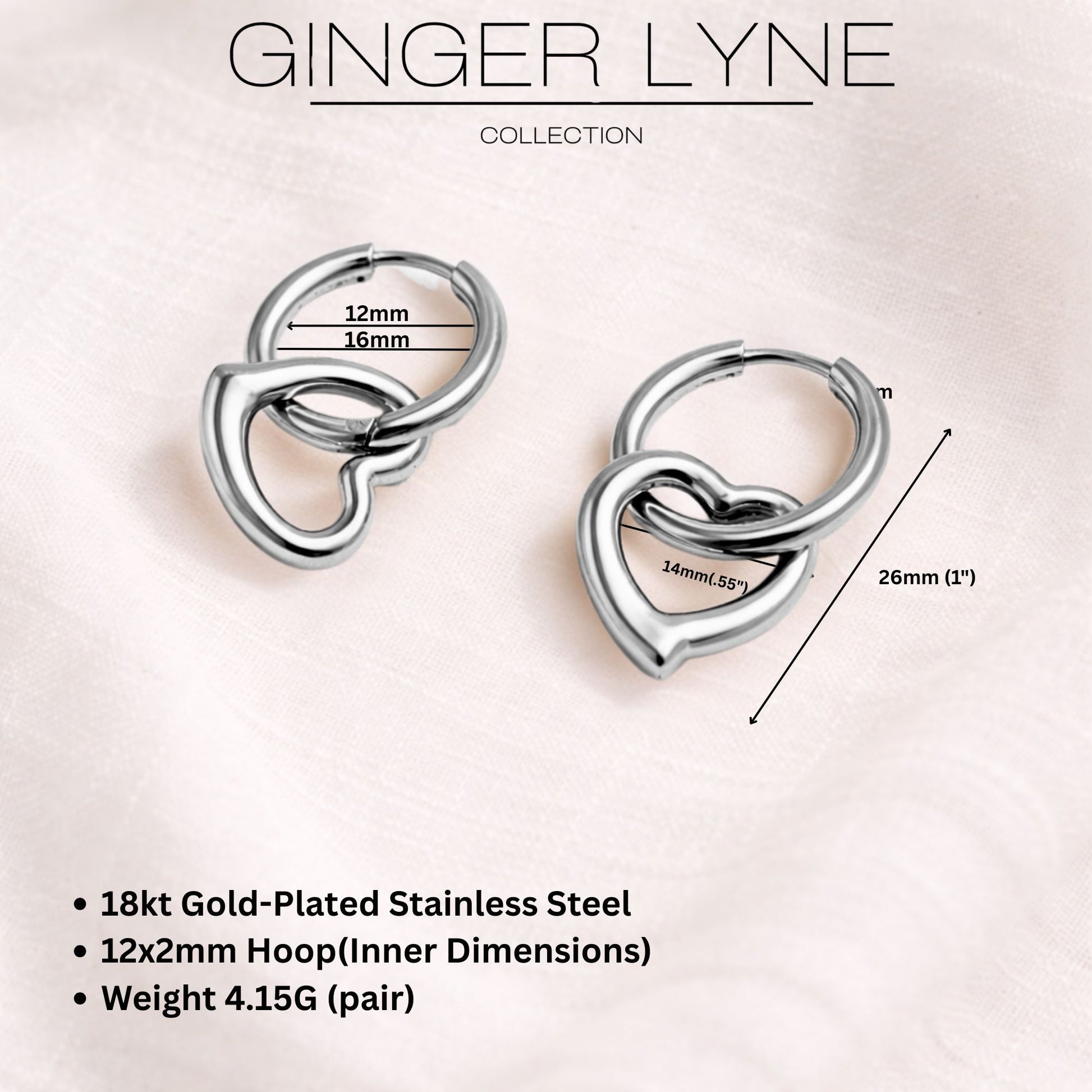 Open Heart Charm Dangle Huggie Hoop Earrings Stainless Steel by Ginger Lyne - Silver Tone