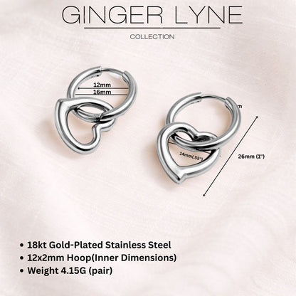 Open Heart Charm Dangle Huggie Hoop Earrings Stainless Steel by Ginger Lyne - Silver Tone