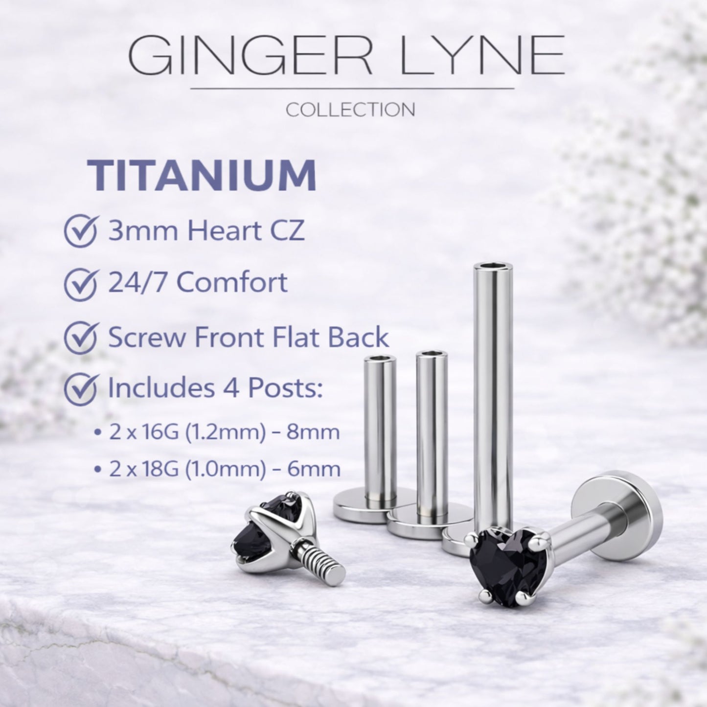 Small Heart CZ Solitaire Flat Back Stud Earrings Titanium Body Piercings by Ginger Lyne 2 Sets Post 6mm 8mm - 3mm-Black