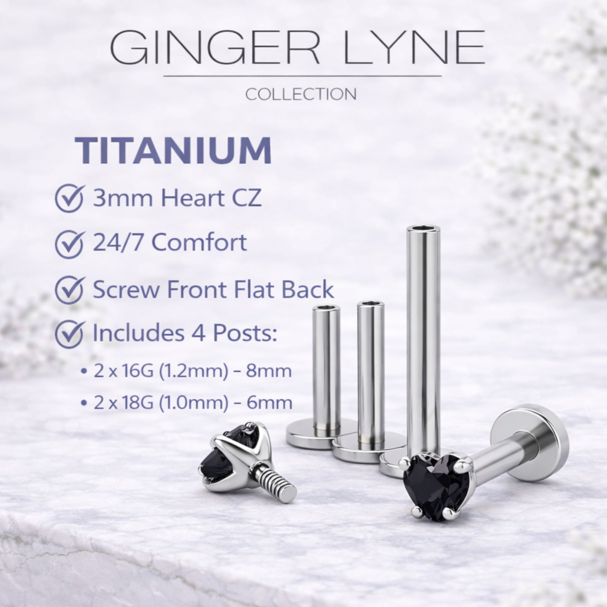 Small Heart CZ Solitaire Flat Back Stud Earrings Titanium Body Piercings by Ginger Lyne 2 Sets Post 6mm 8mm - 3mm-Black