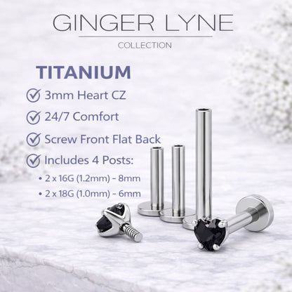 Small Heart CZ Solitaire Flat Back Stud Earrings Titanium Body Piercings by Ginger Lyne 2 Sets Post 6mm 8mm - 3mm-Black