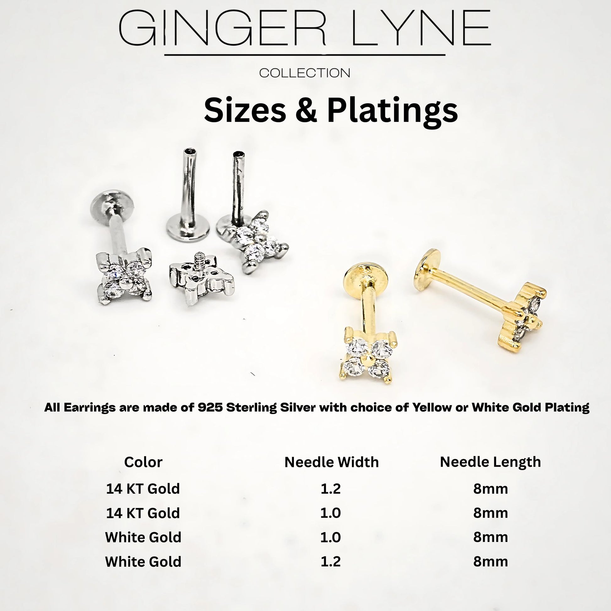 Cubic Zirconia Flat Back Stud Earrings by Ginger Lyne Gold Plated Sterling Silver Body Jewelry - 1mm-Silver