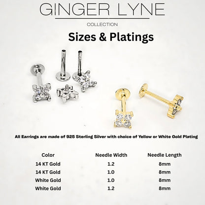 Cubic Zirconia Flat Back Stud Earrings by Ginger Lyne Gold Plated Sterling Silver Body Jewelry - 1mm-Silver